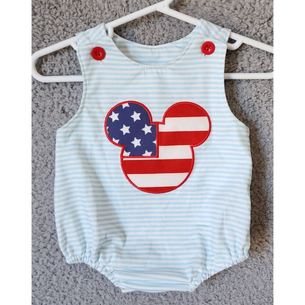 Abby & Evie Red White Blue‎ USA Embroidered Mickey Head One Piece Romper Size 6M